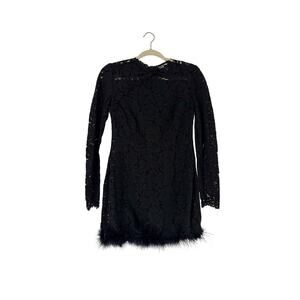 Sau Lee Mara Black Lace Feather Hem Mini Dress Size 8 Long Sleeve Cocktail RTR